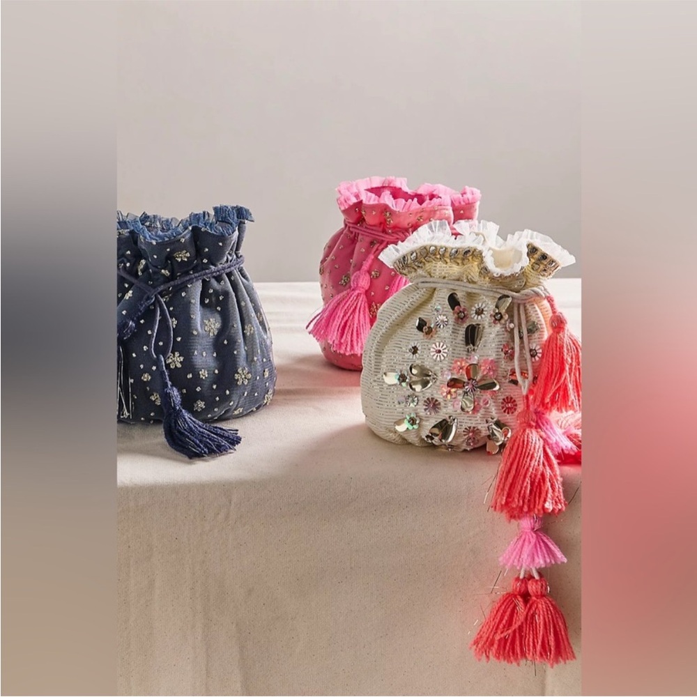 Free People Seasons Sparkle Mini Gift Sack Embroidered Pouch Bag Blue NWT NEW - Picture 4 of 12